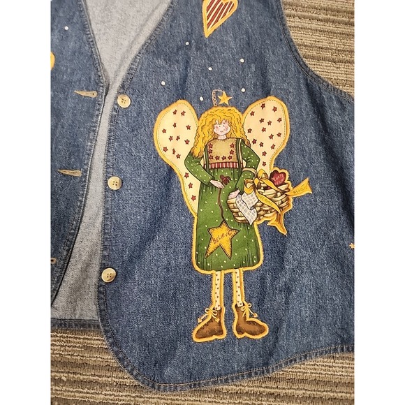 Quacker Factory Women 1X Blue Denim Vest Heart,‎ Angels Faith, Front-Button Down - Picture 2 of 11